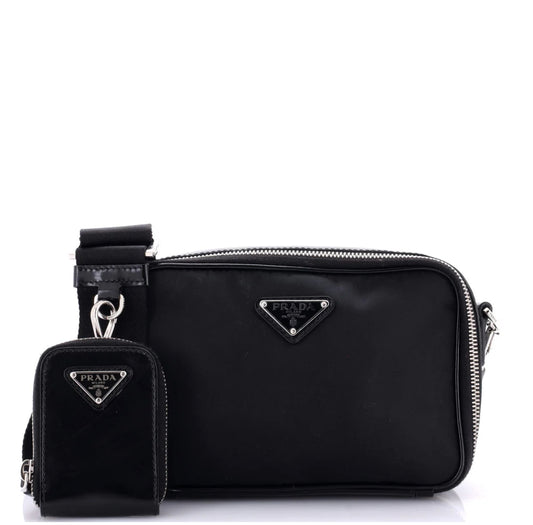 Prada Brique Camera Crossbody Bag Tessuto and Spazzolato Leather Small